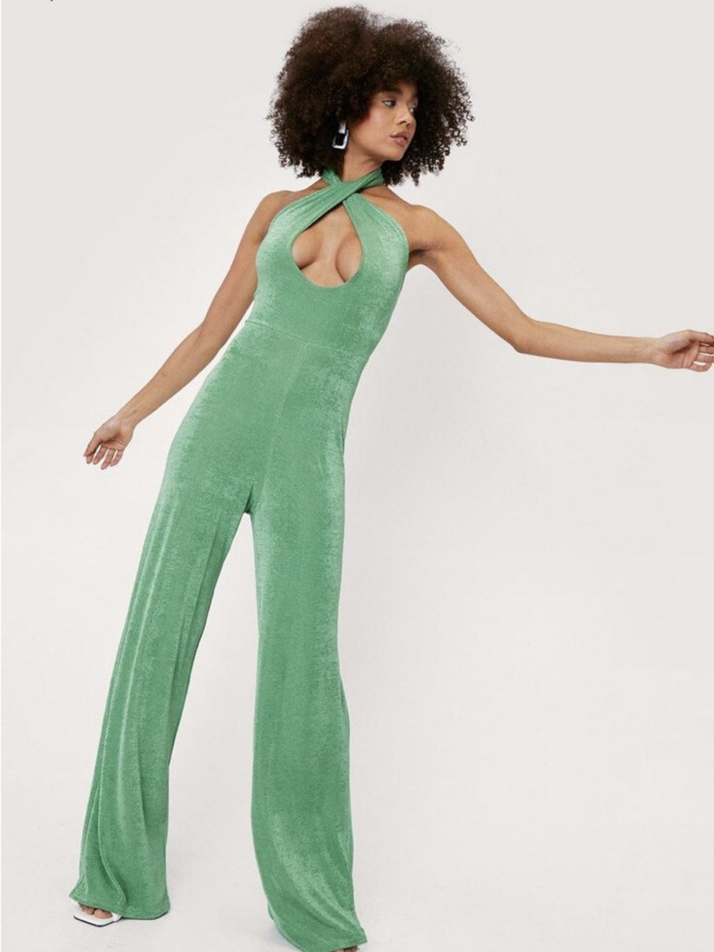 Nasty Gal Mint Green Crisscross Halter Velvet Jumpsuit